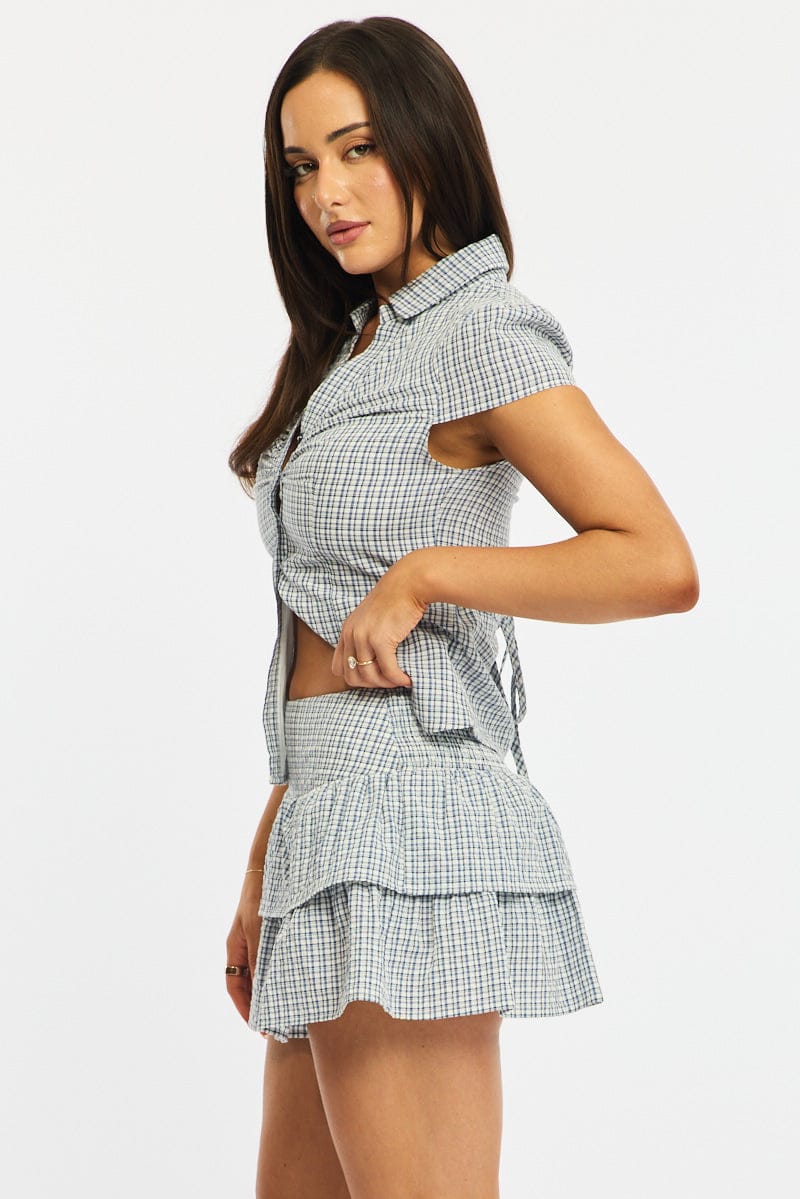 Blue Check Mini Skort Mid Rise Layered Shorts Lined for Ally Fashion