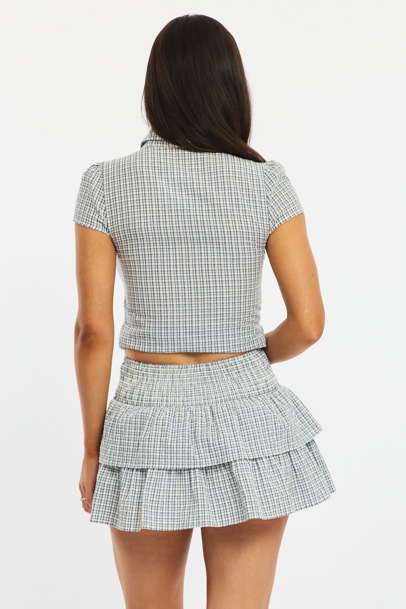 Blue Check Mini Skort Mid Rise Layered Shorts Lined for Ally Fashion
