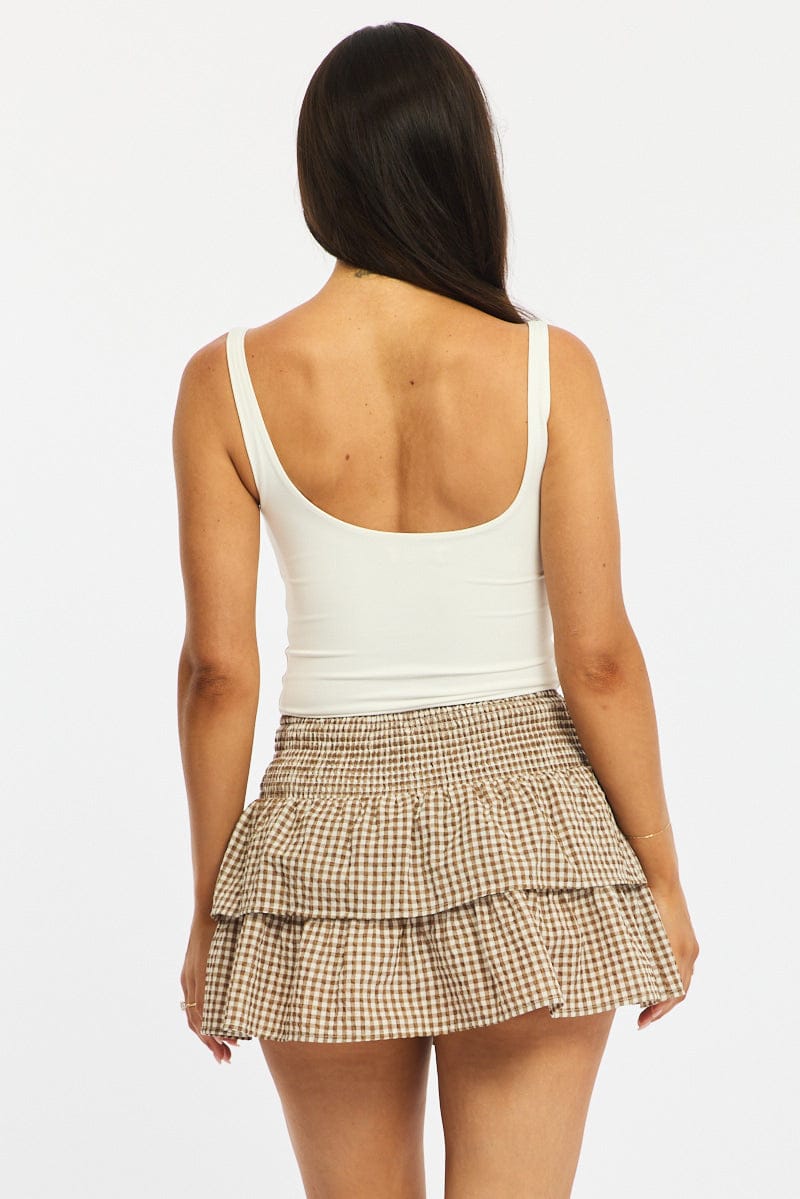 Brown Check Mini Skort Skirt Mid Rise Layered Shorts Lined for Ally Fashion