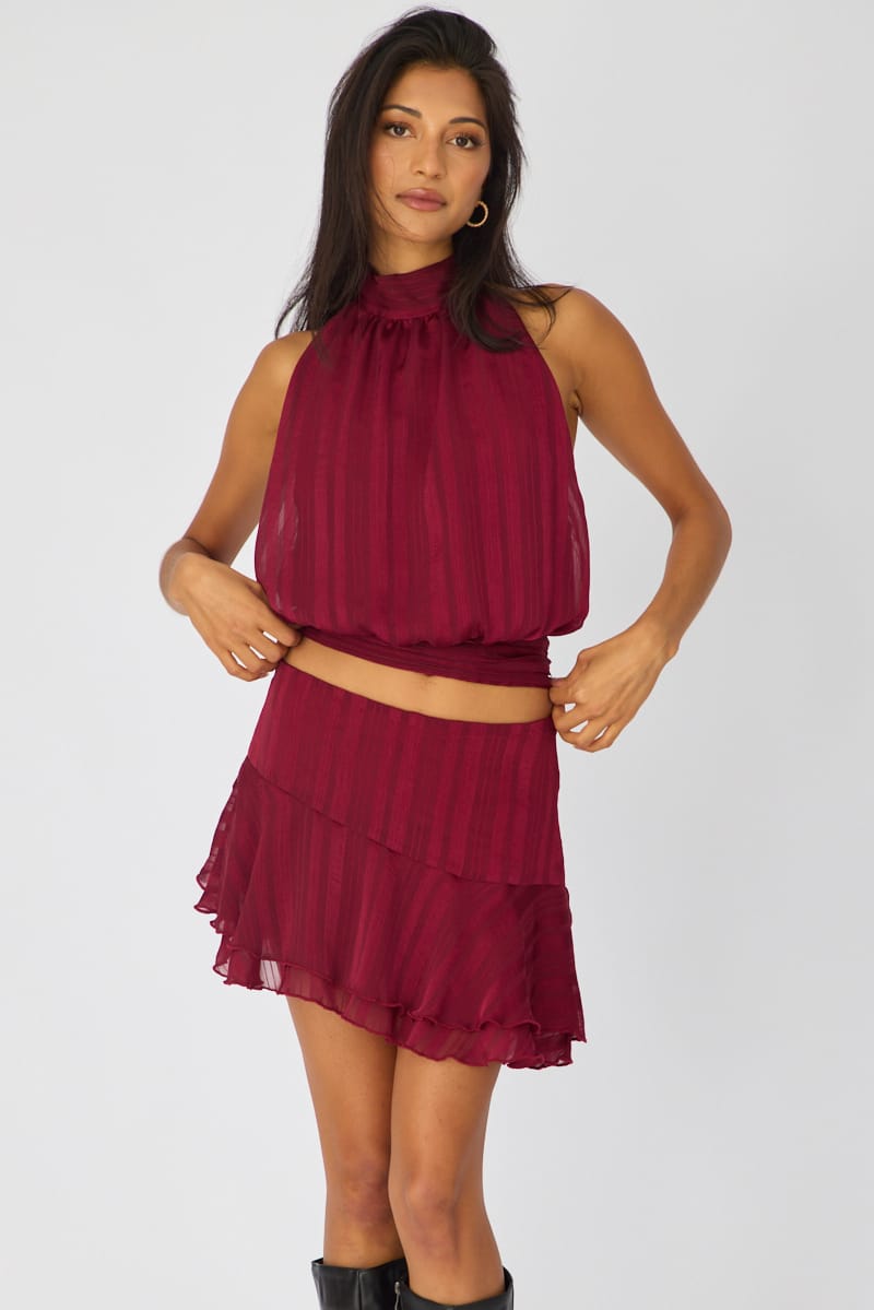 Red Scarf Hem Skort Skirt Mid Waisted for Ally Fashion