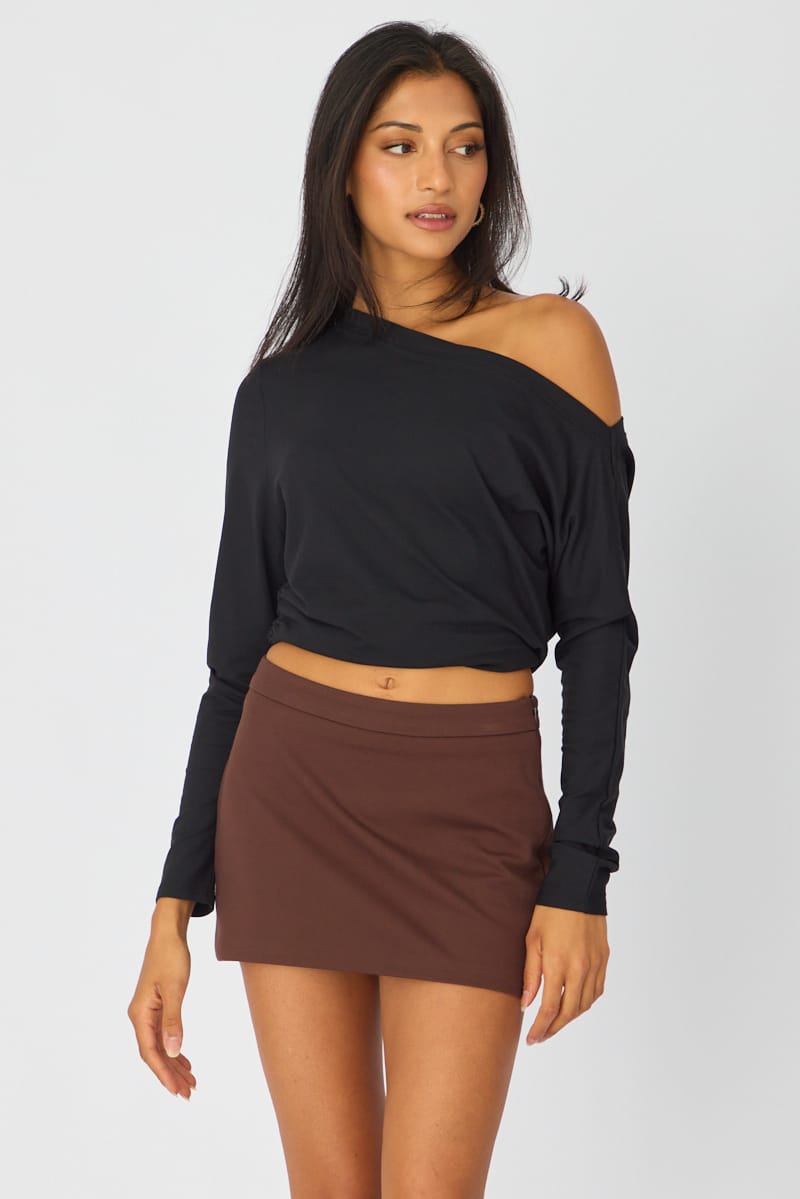 Brown Ponte Mini Skirt Mid Waisted Tailor Fit for Ally Fashion