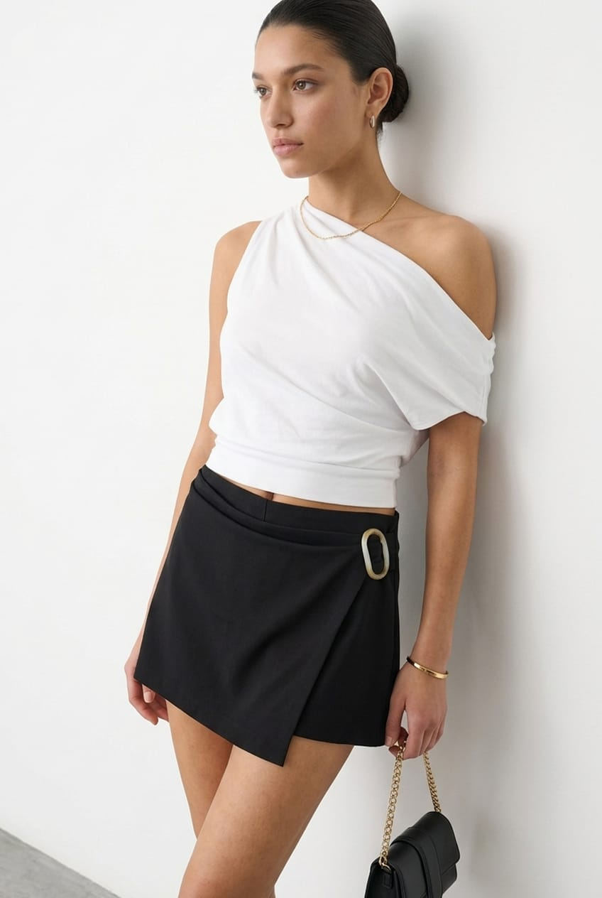 Black Mini Skort Mid Waisted Ring Detail Shorts for Ally Fashion
