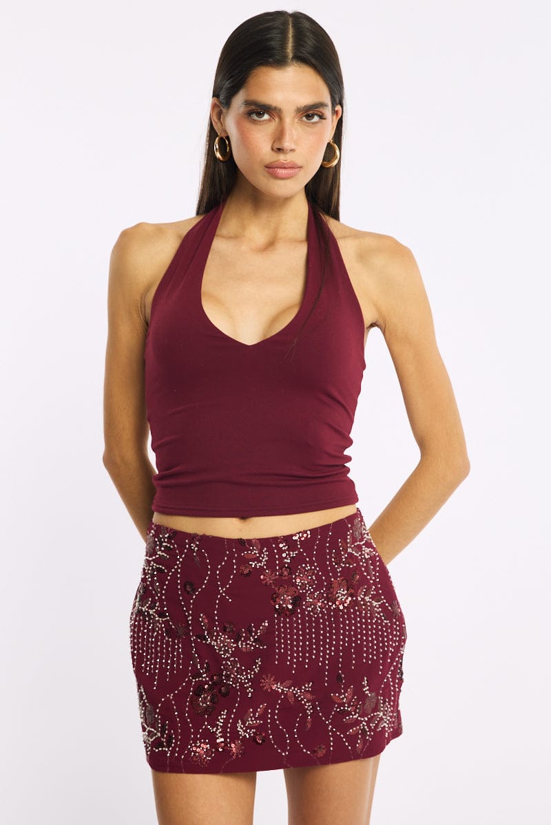 Red Sequins Mini Skirt Mid Rise Lined for Ally Fashion
