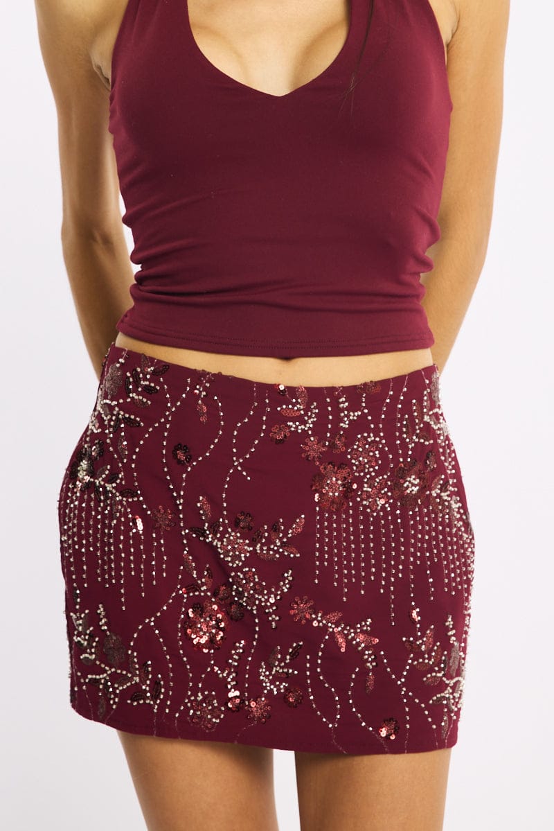 Red Sequins Mini Skirt Mid Rise Lined for Ally Fashion