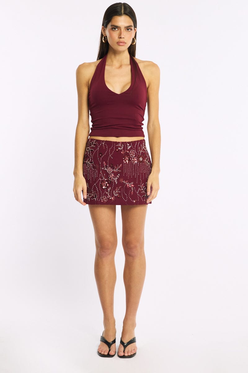 Red Sequins Mini Skirt Mid Rise Lined for Ally Fashion