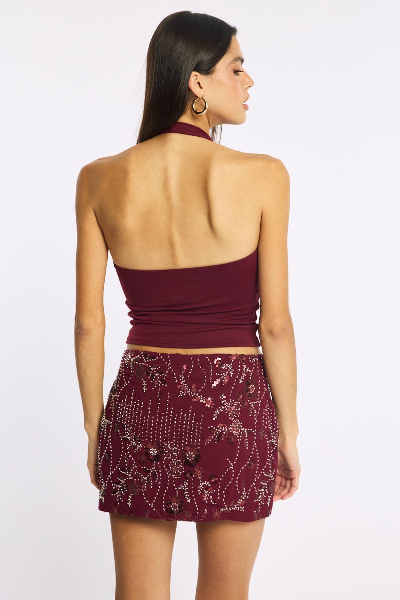 Red Sequins Mini Skirt Mid Rise Lined for Ally Fashion