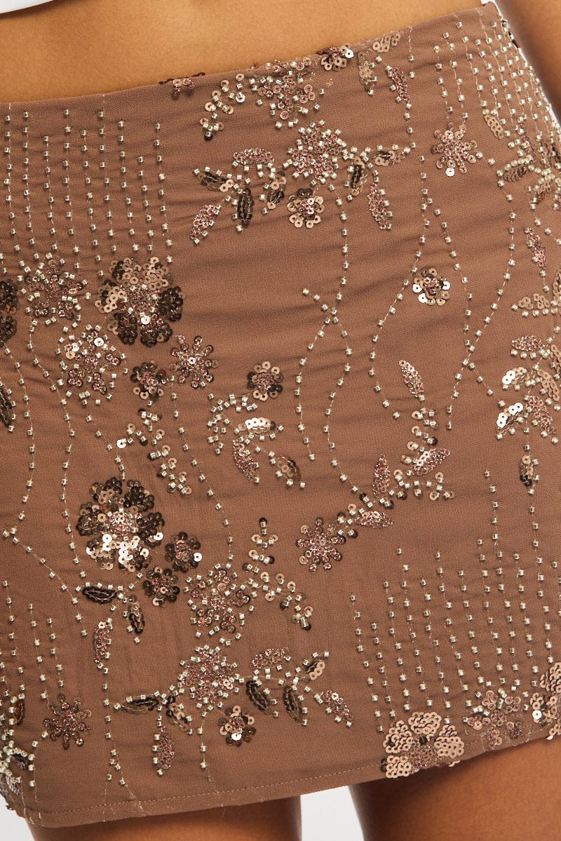 Brown Sequins Mini Skirt Mid Rise Lined for Ally Fashion