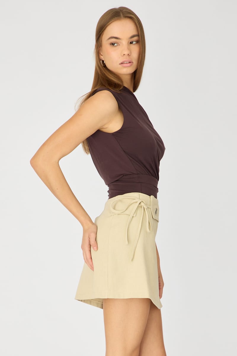 Beige Saddle Mini Skort Skirt High Waisted Cotton Drill for Ally Fashion