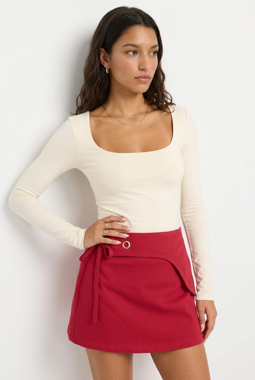 Red Saddle Mini Skort Skirt High Waisted Cotton Drill for Ally Fashion