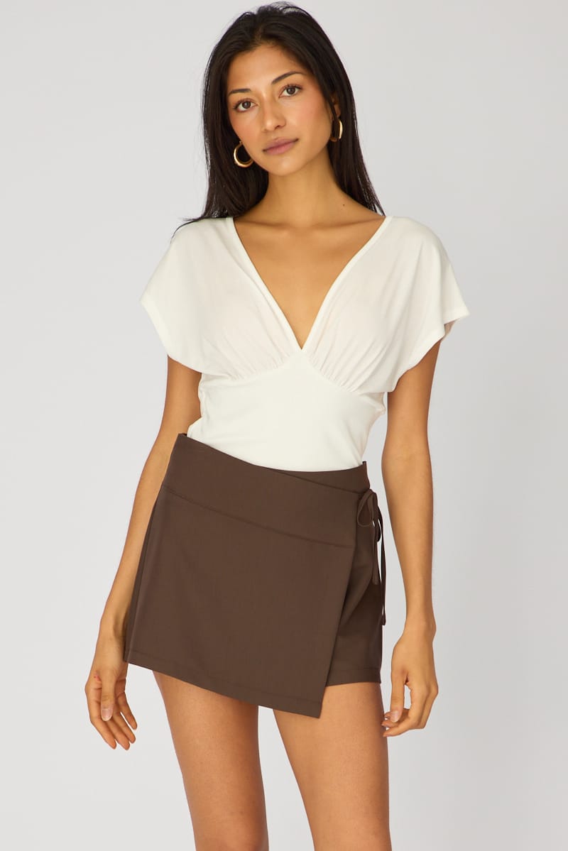 Brown Mini Skort Skirt Tailor Wrap Asymmetric for Ally Fashion