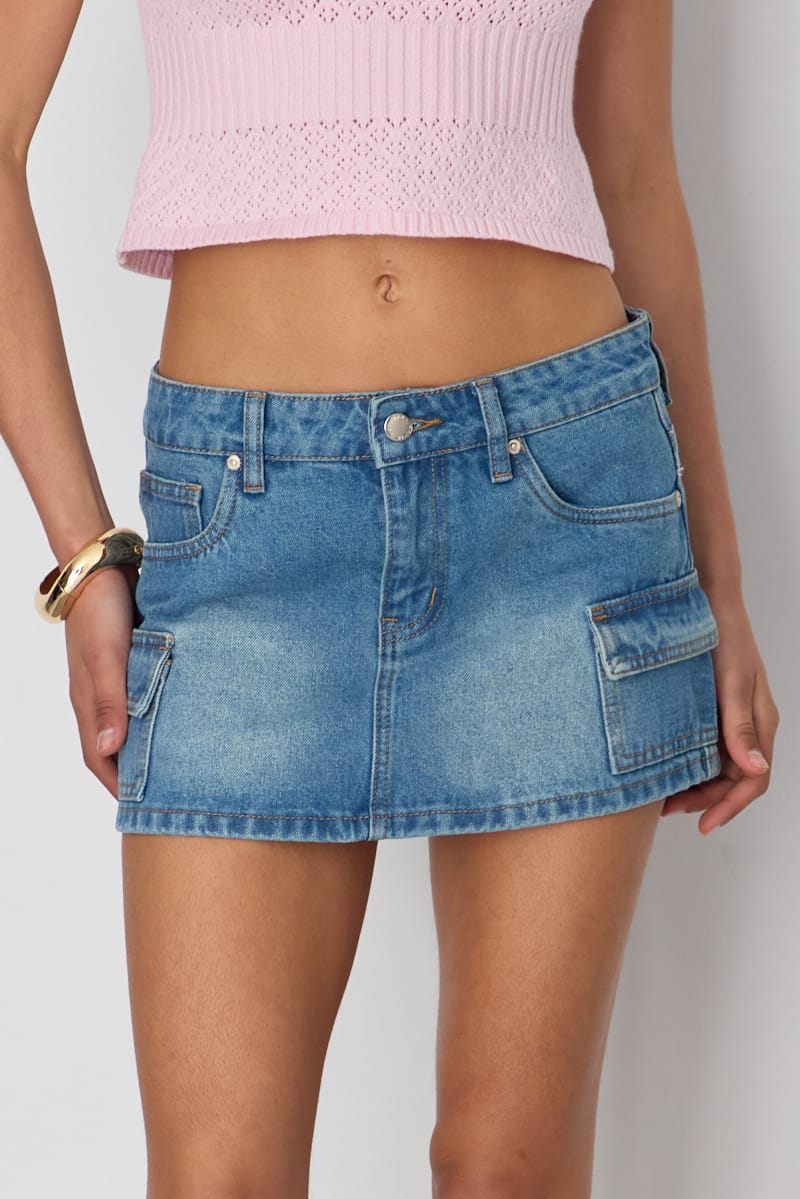 Denim Cargo Mini Skirt Mid Rise Utility Pocket Detail for Ally Fashion