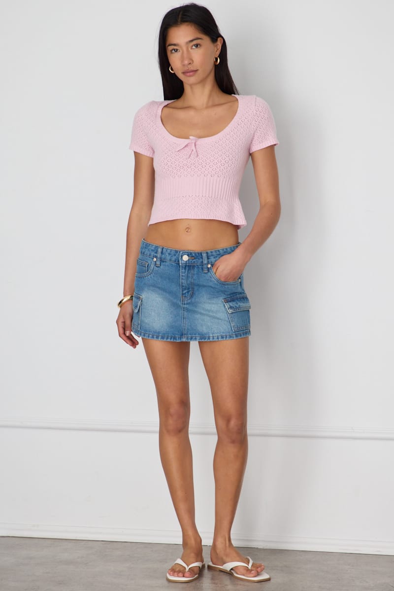 Denim Cargo Mini Skirt Mid Rise Utility Pocket Detail for Ally Fashion