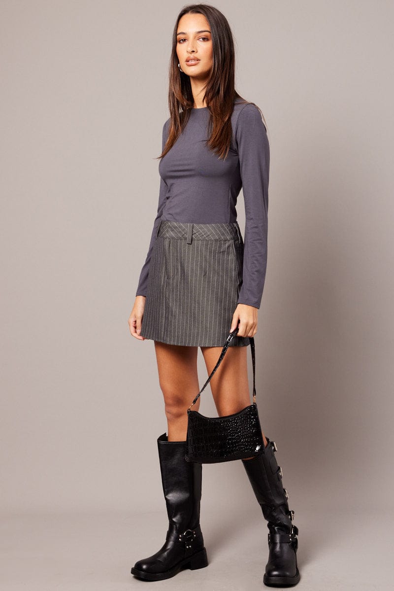 Grey Stripe Mini Skirt Mid Rise for Ally Fashion