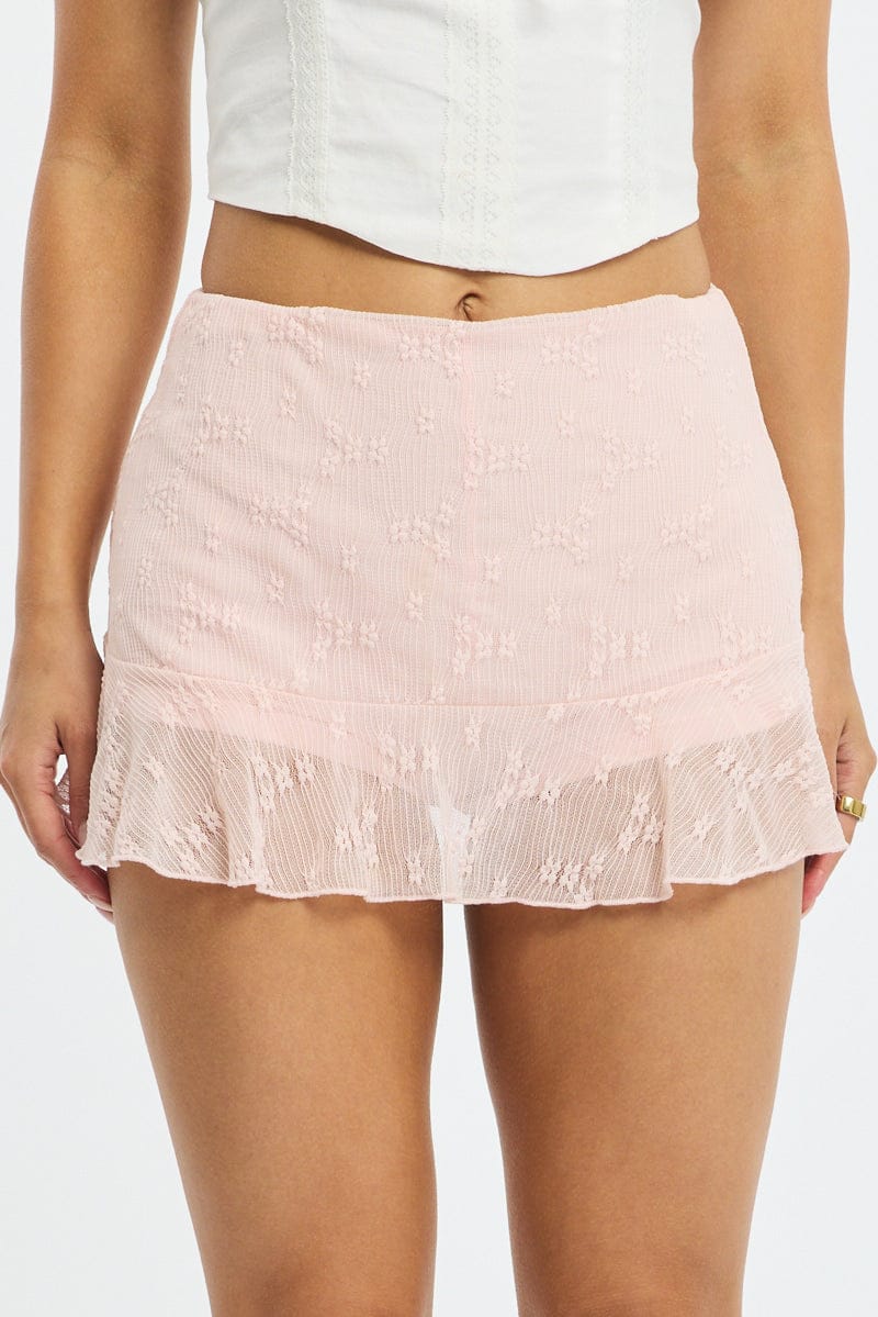 Pink Flare Skort Skirt Mid Rise Lace Textured for Ally Fashion