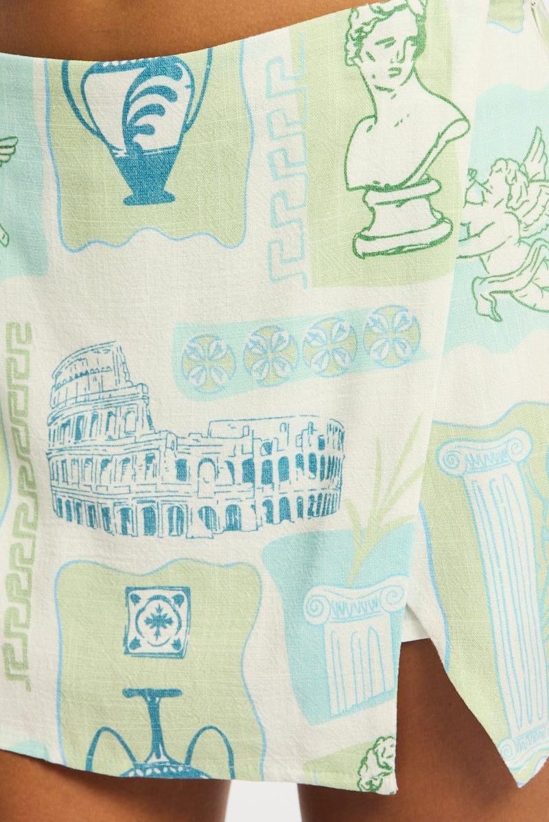 Green Abstract Mini Skort High Rise Linen Blend Lined for Ally Fashion