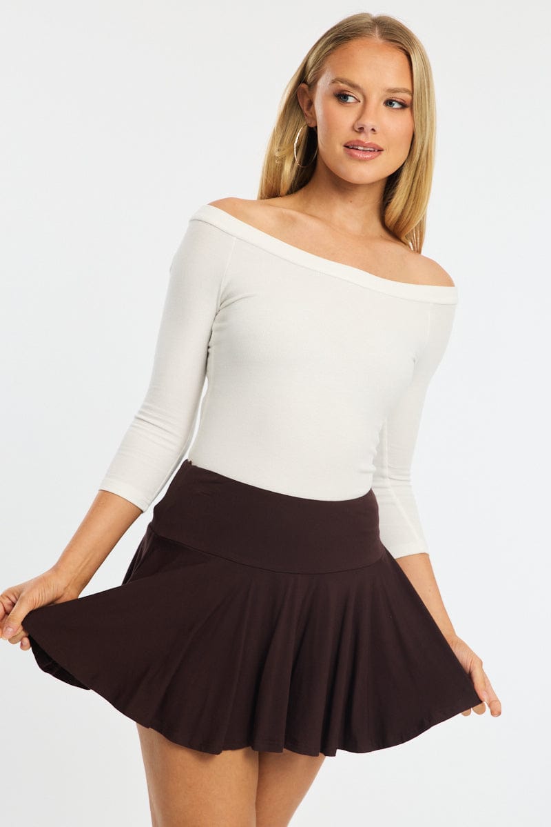 Brown Mini Skort Skirt Elasticated Waist Shorts Lined for Ally Fashion