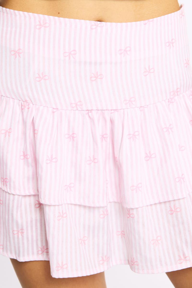 Pink Stripe Ruffle Mini Skirt High Rise Shirred Back Tiered for Ally Fashion