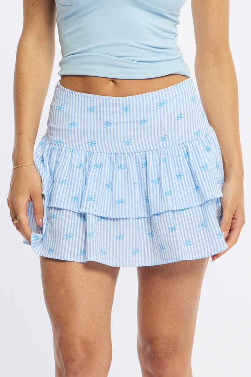 Blue Stripe Ruffle Mini Skirt High Rise Shirred Back Tiered for Ally Fashion