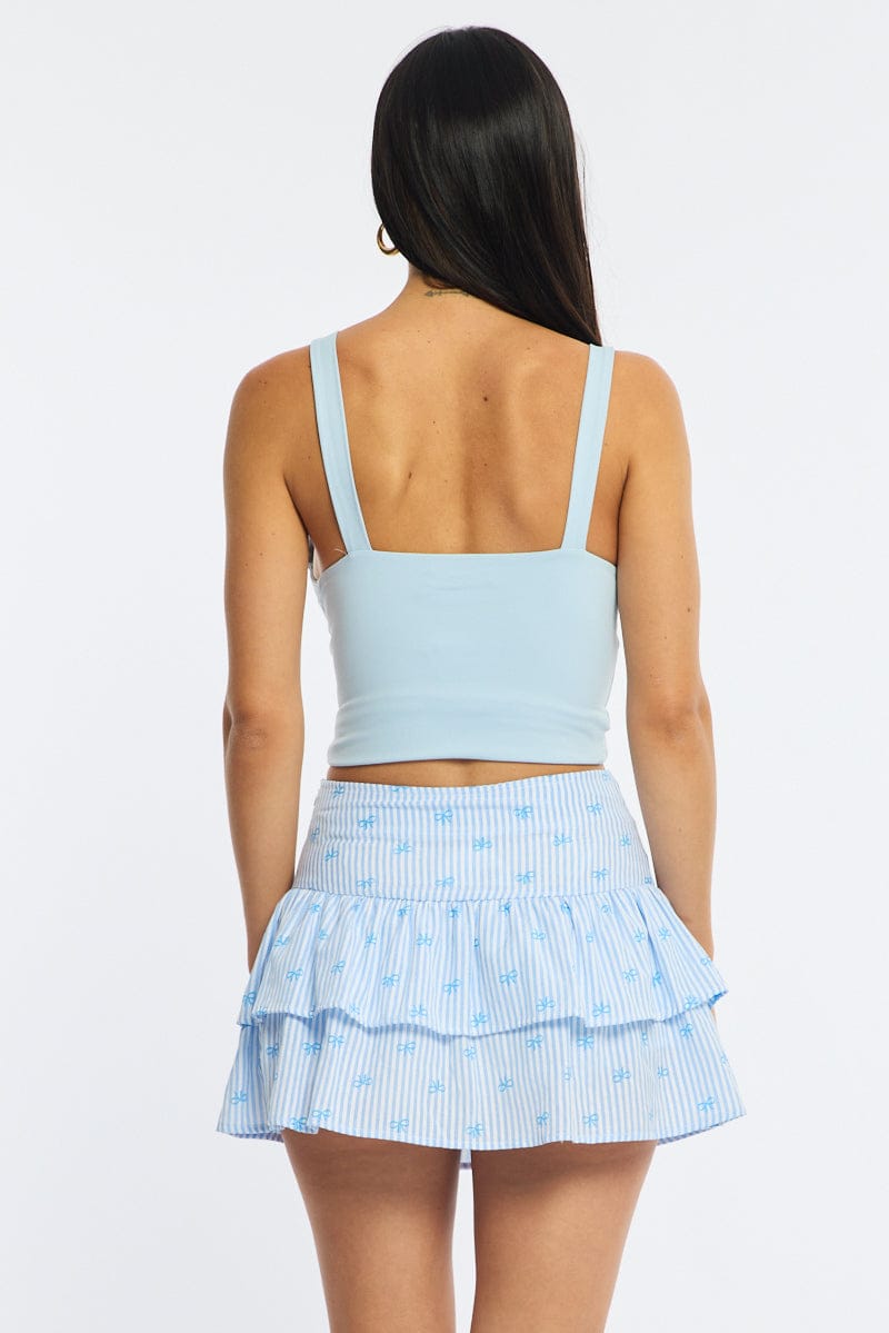 Blue Stripe Ruffle Mini Skirt High Rise Shirred Back Tiered for Ally Fashion