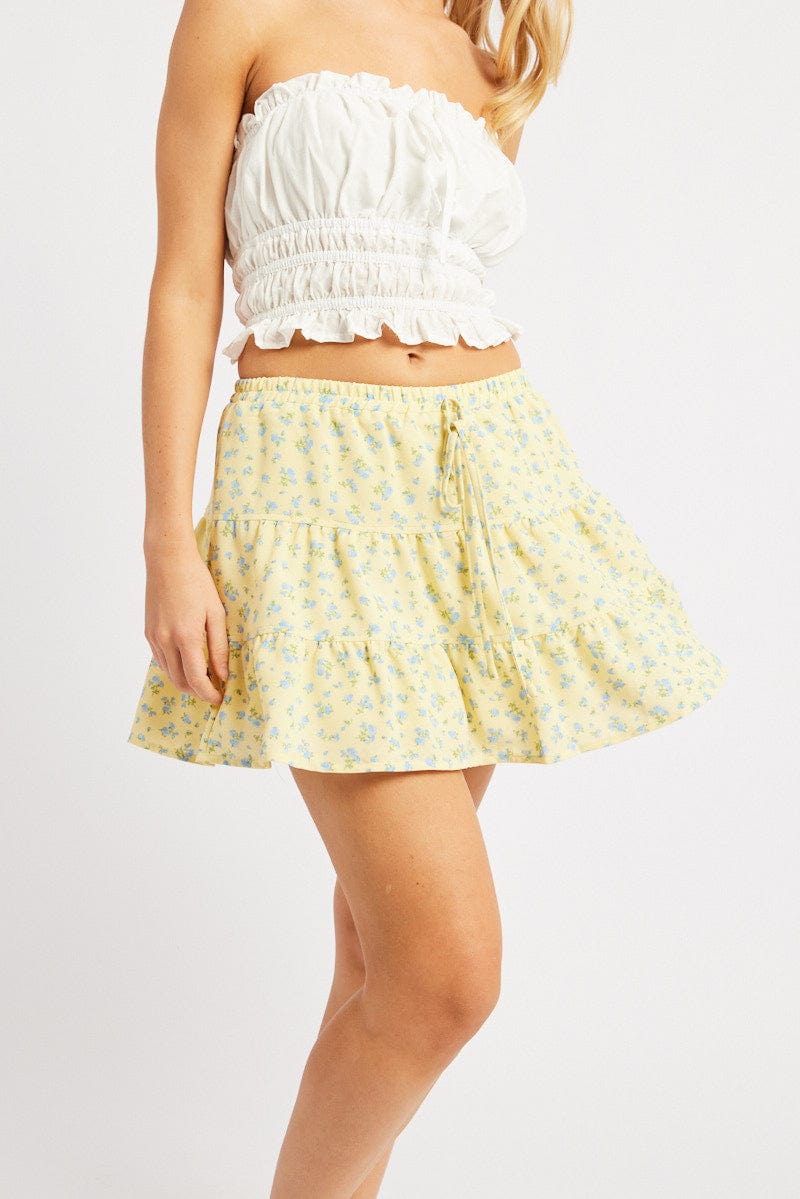 Yellow Ditsy Skater Skirt High Rise Tiered Mini Lined for Ally Fashion