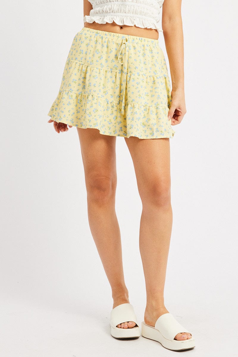 Yellow Ditsy Skater Skirt High Rise Tiered Mini Lined for Ally Fashion