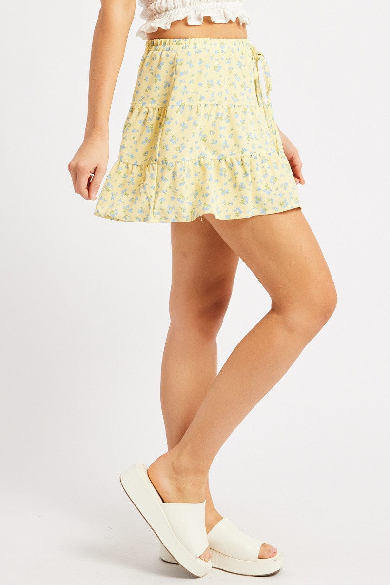 Yellow Ditsy Skater Skirt High Rise Tiered Mini Lined for Ally Fashion