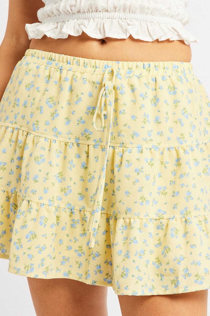 Yellow Ditsy Skater Skirt High Rise Tiered Mini Lined for Ally Fashion