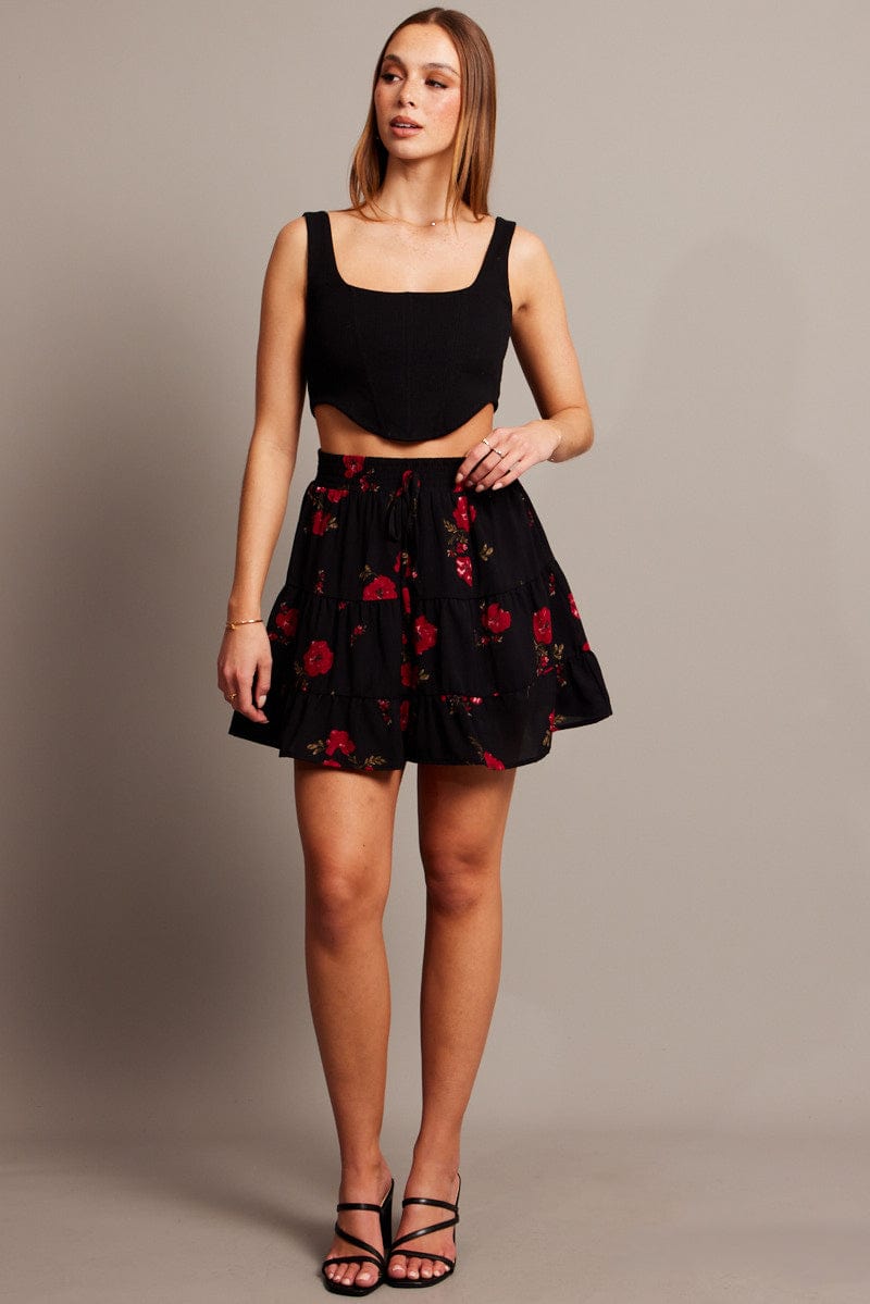 Black Floral Skater Skirt Mini for Ally Fashion