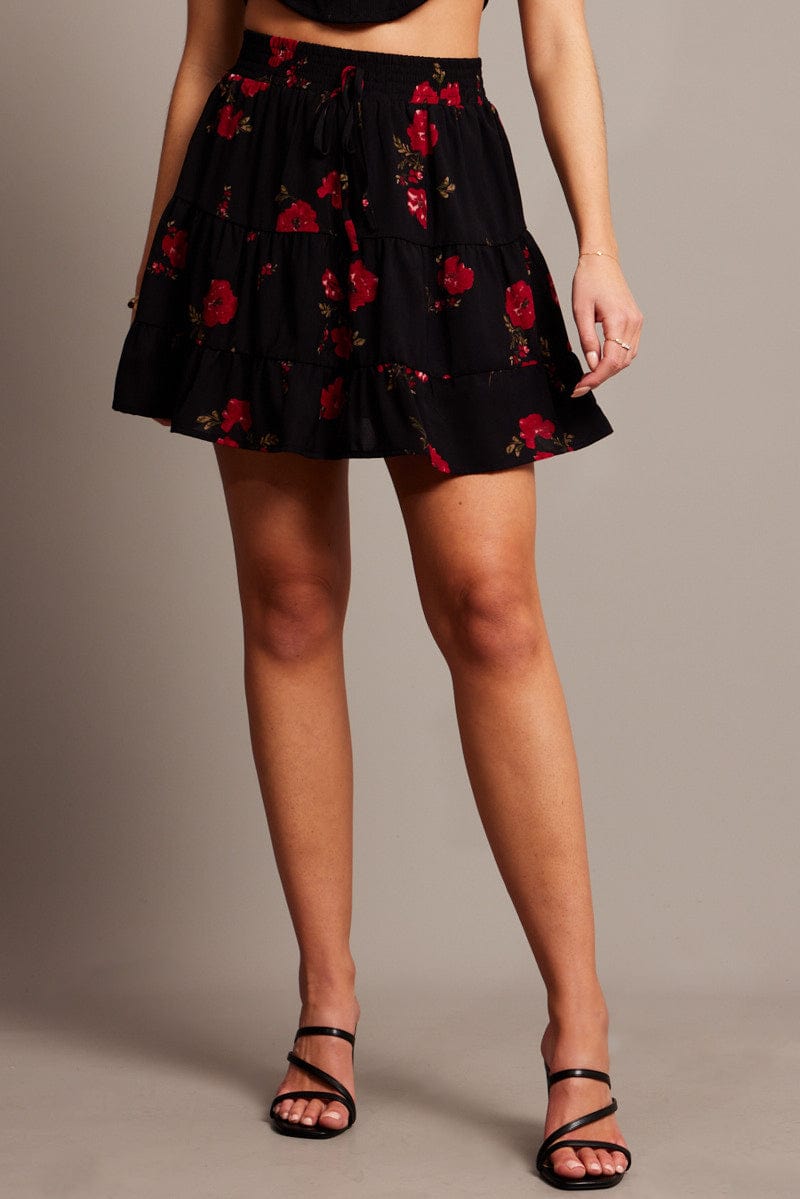 Black Floral Skater Skirt Mini Ally Fashion