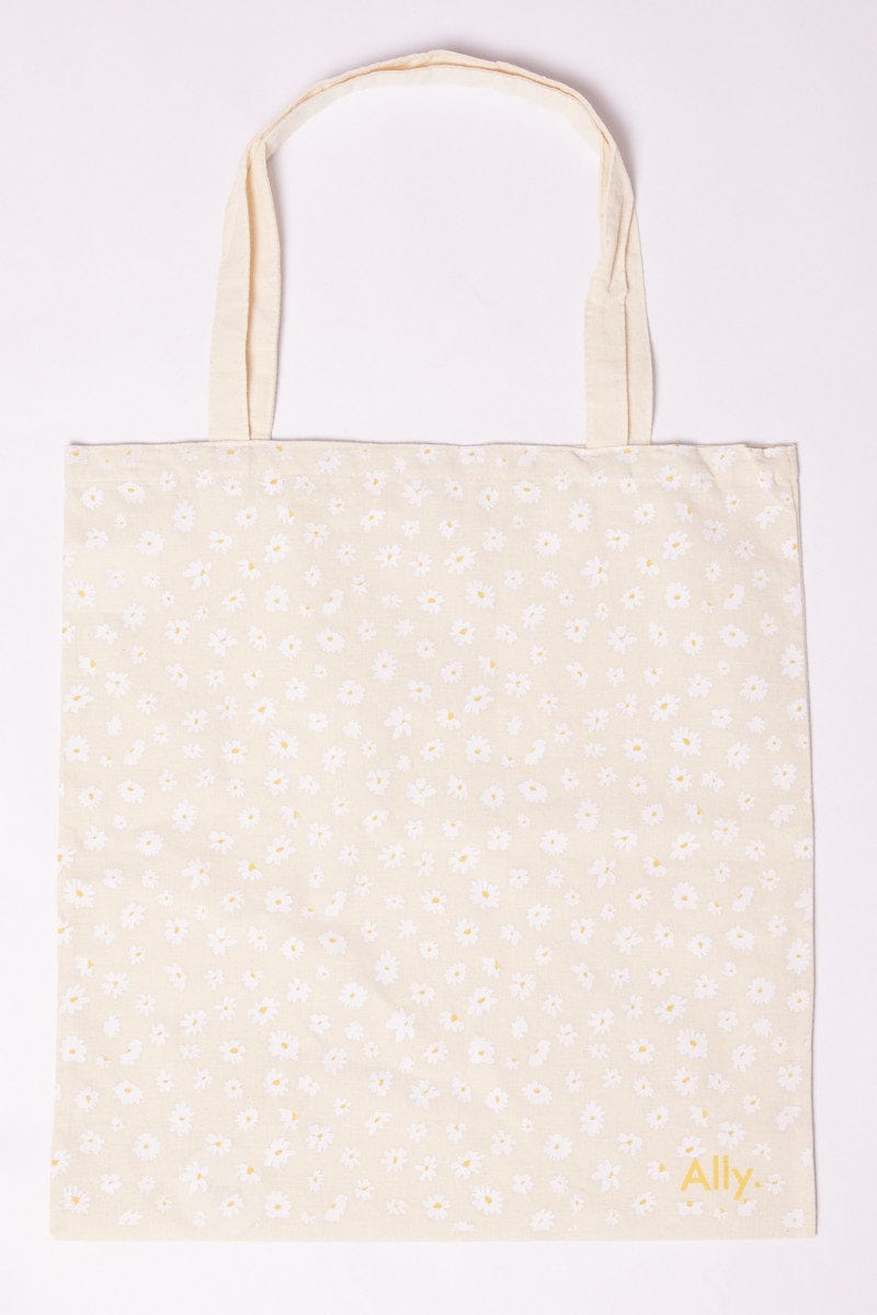 White Ditsy Tote Bag Printed Daisies for Ally Fashion