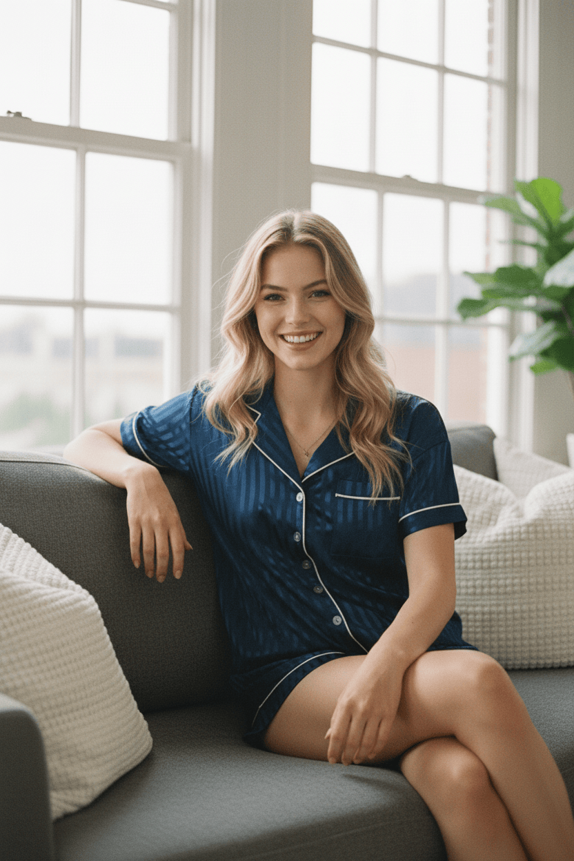 Blue Stripe Pyjamas Set Short Sleeve Satin Jacquard
