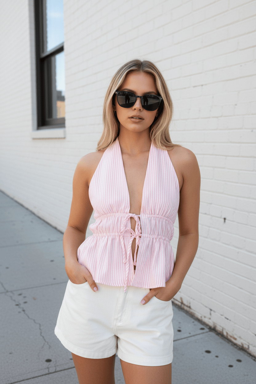Pink Stripe Tie Up Vest Halter Neck