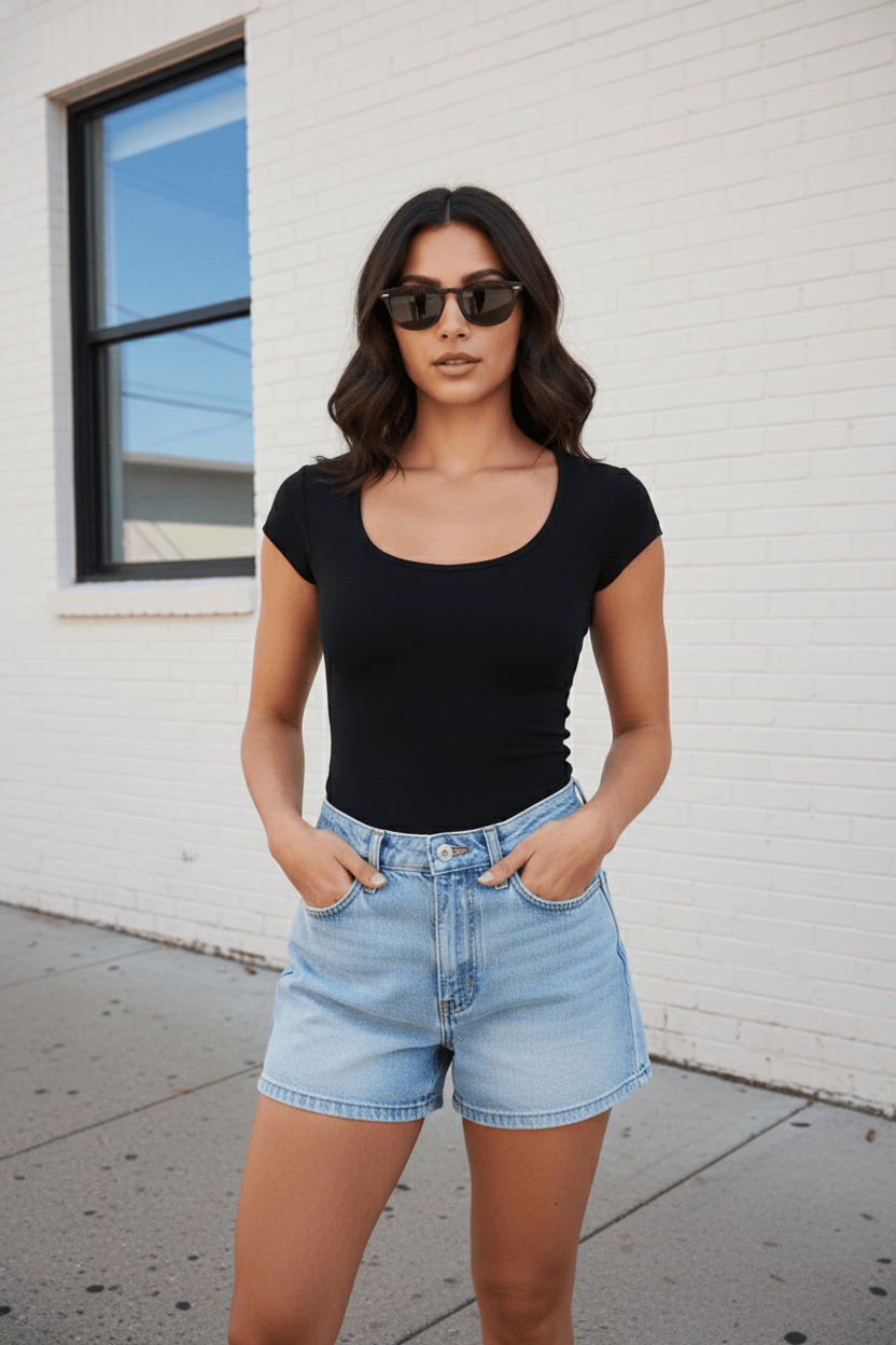 Black T-shirt Cap Sleeve Sweetheart Neck