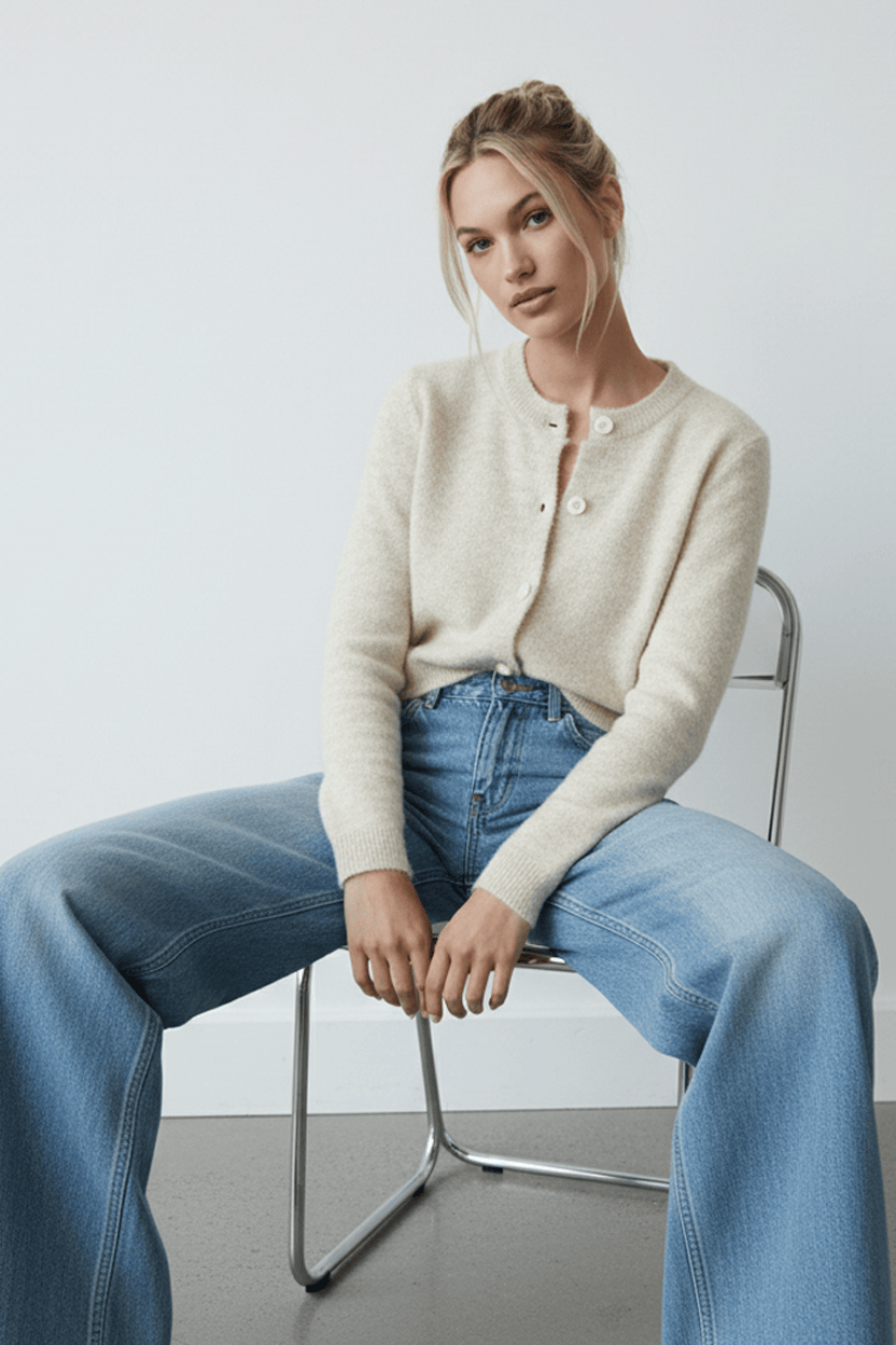 Beige Fitted Cardigan Long Sleeve Crew Neck