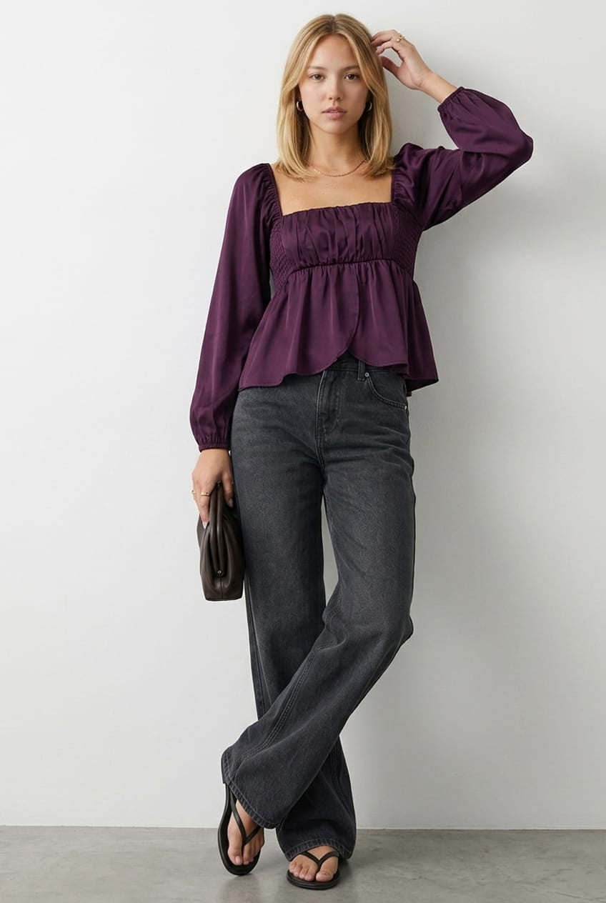 Red Top Long Sleeve Square Neck Shirred Ruched Satin