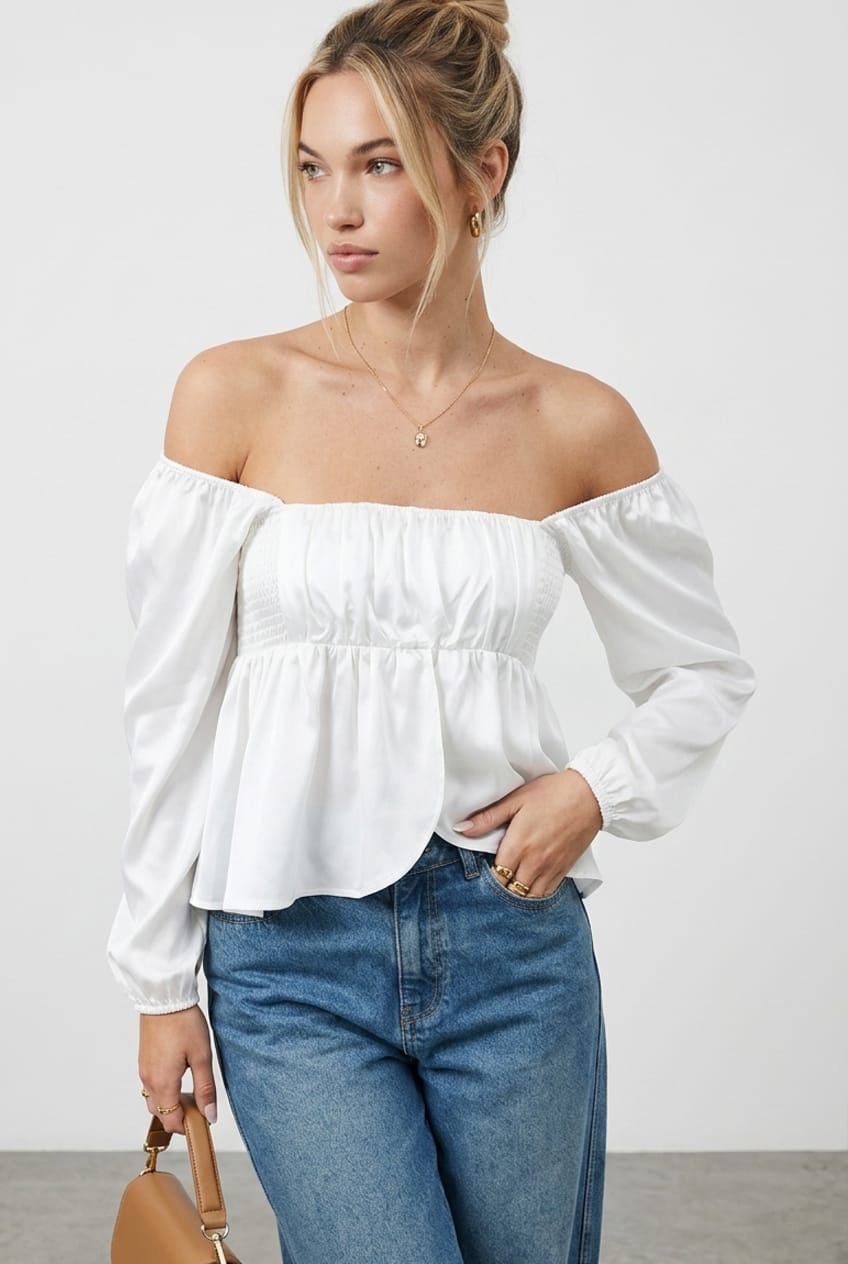 White Top Long Sleeve Square Neck Shirred Ruched Satin