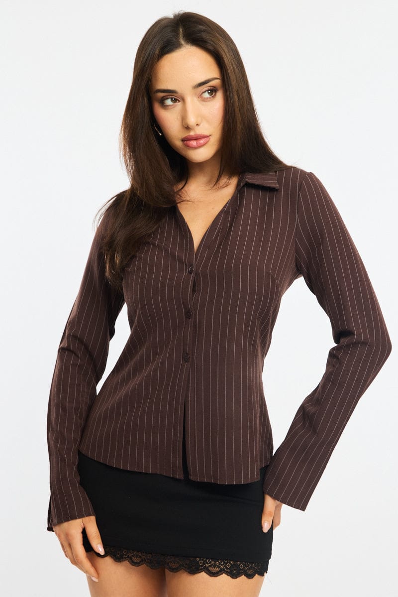 Brown Stripe Shirt Long Sleeves Collared Button Up Pinstripe for Ally Fashion