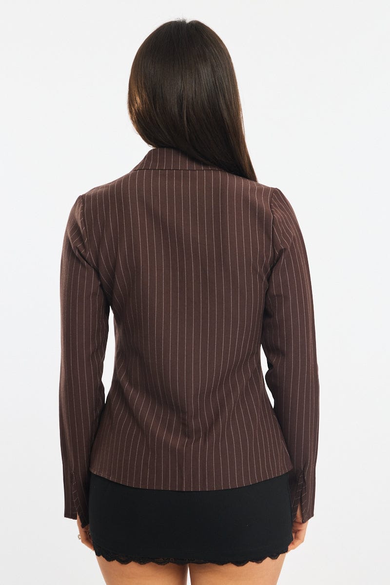 Brown Stripe Shirt Long Sleeves Collared Button Up Pinstripe for Ally Fashion
