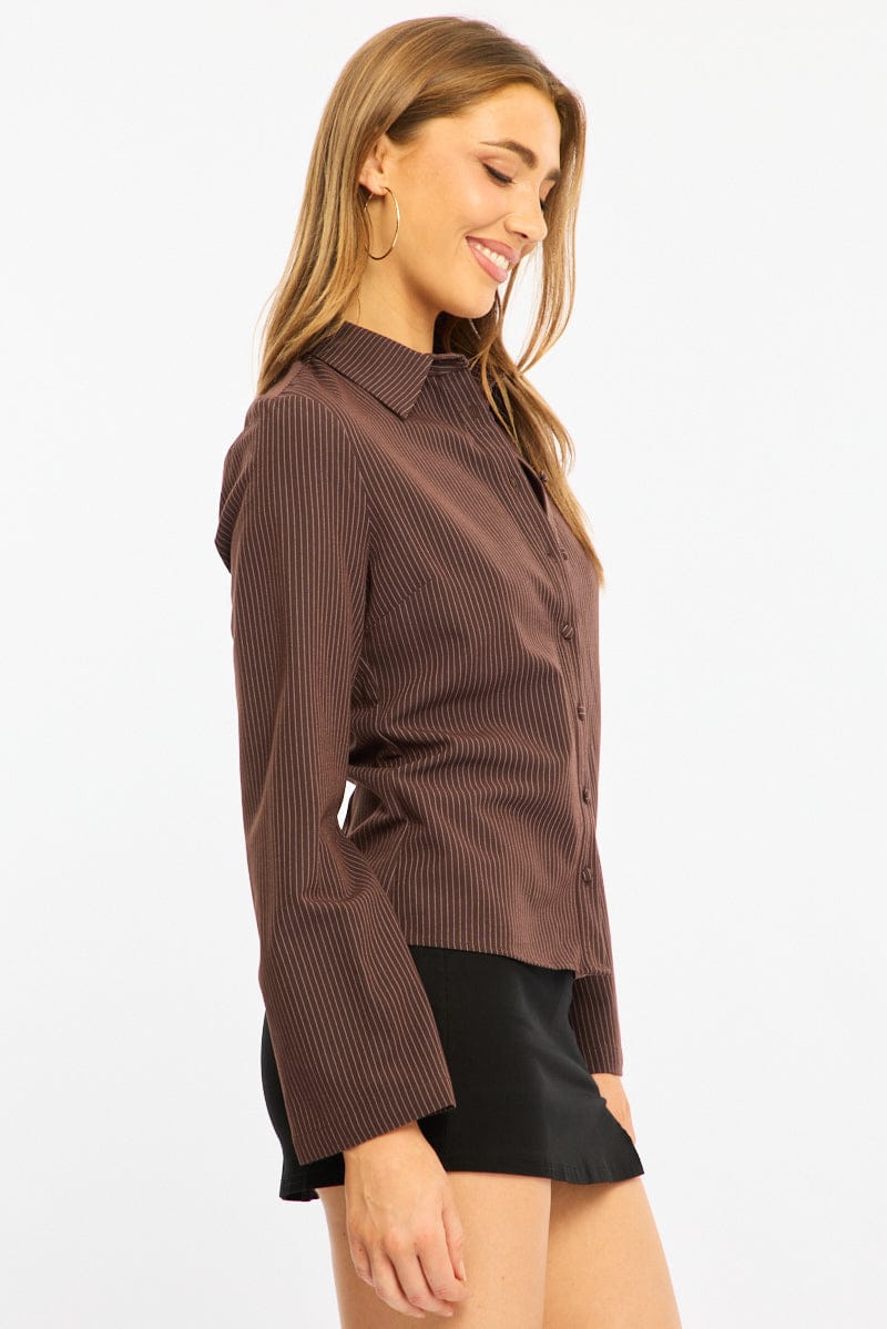 Brown Stripe Long Sleeve Pinstripe Shirt for Ally Fashion