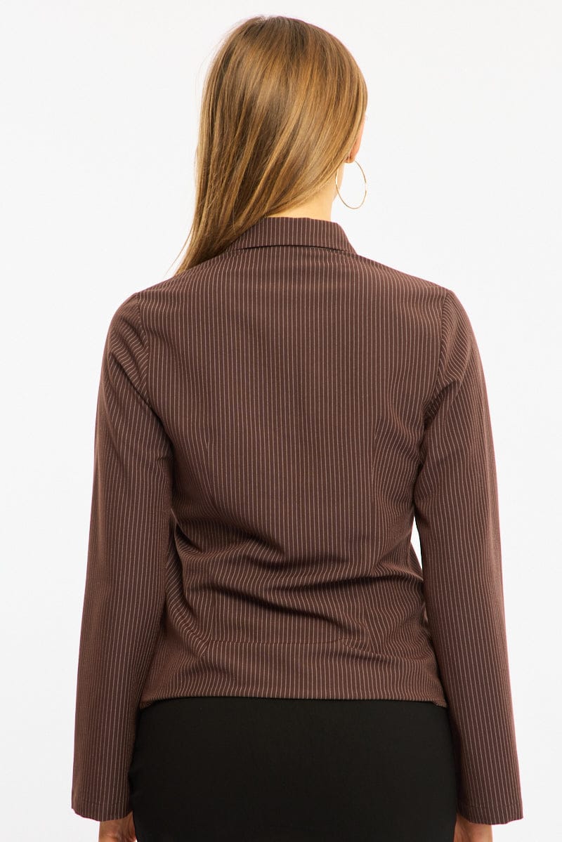 Brown Stripe Long Sleeve Pinstripe Shirt for Ally Fashion