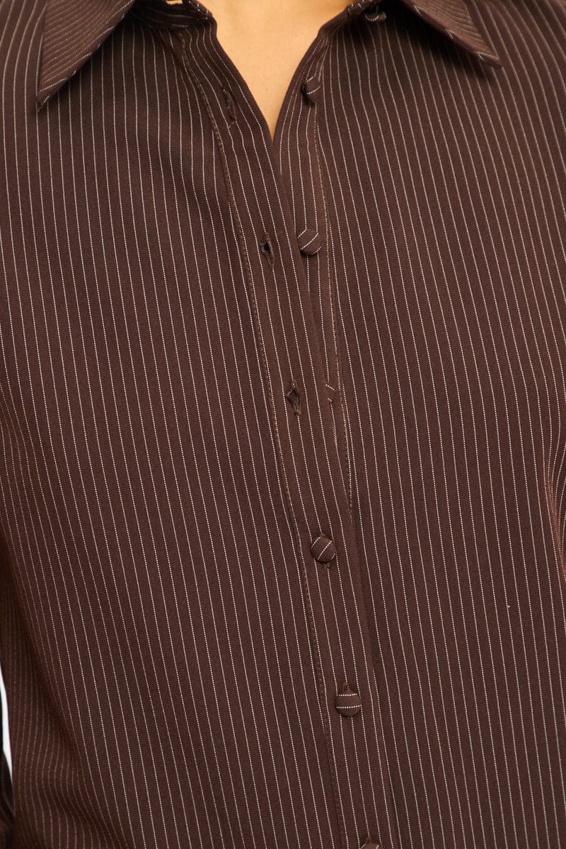 Brown Stripe Long Sleeve Pinstripe Shirt for Ally Fashion