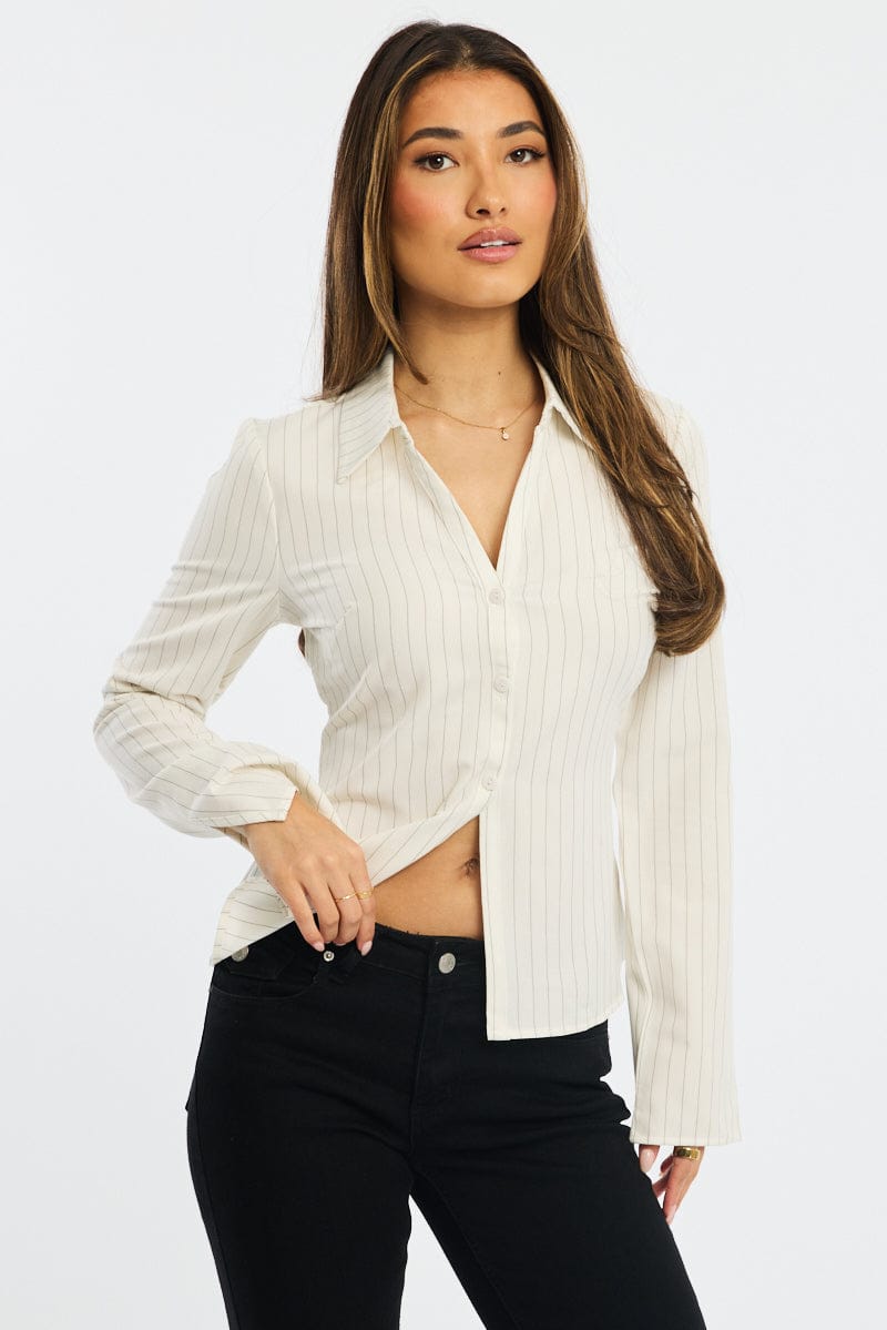 White Stripe Shirt Long Sleeves Collared Button Up Pinstripe for Ally Fashion