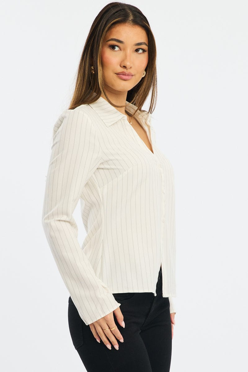 White Stripe Shirt Long Sleeves Collared Button Up Pinstripe for Ally Fashion