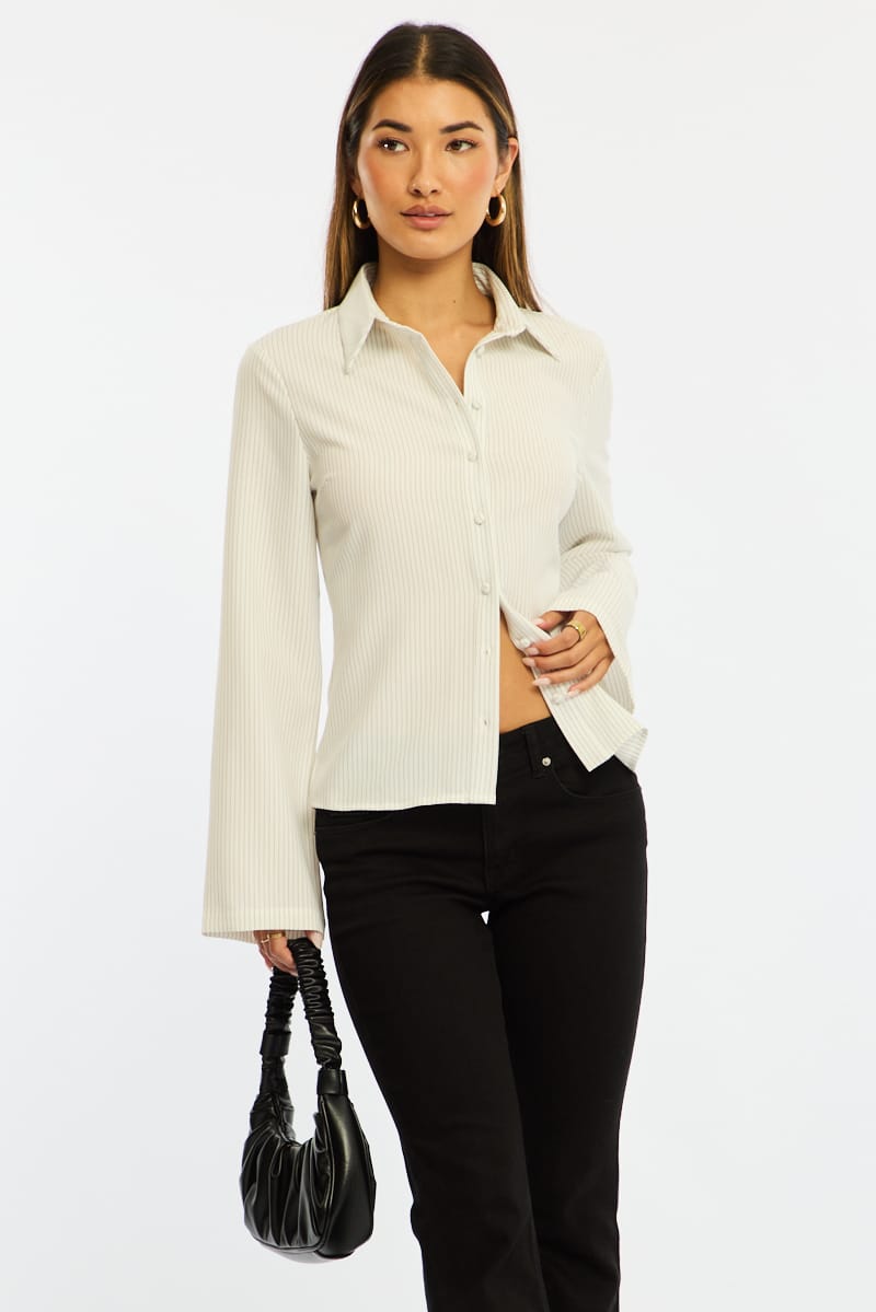 White Stripe Shirt Long Sleeve Collared Button Up Pinstripe for Ally Fashion