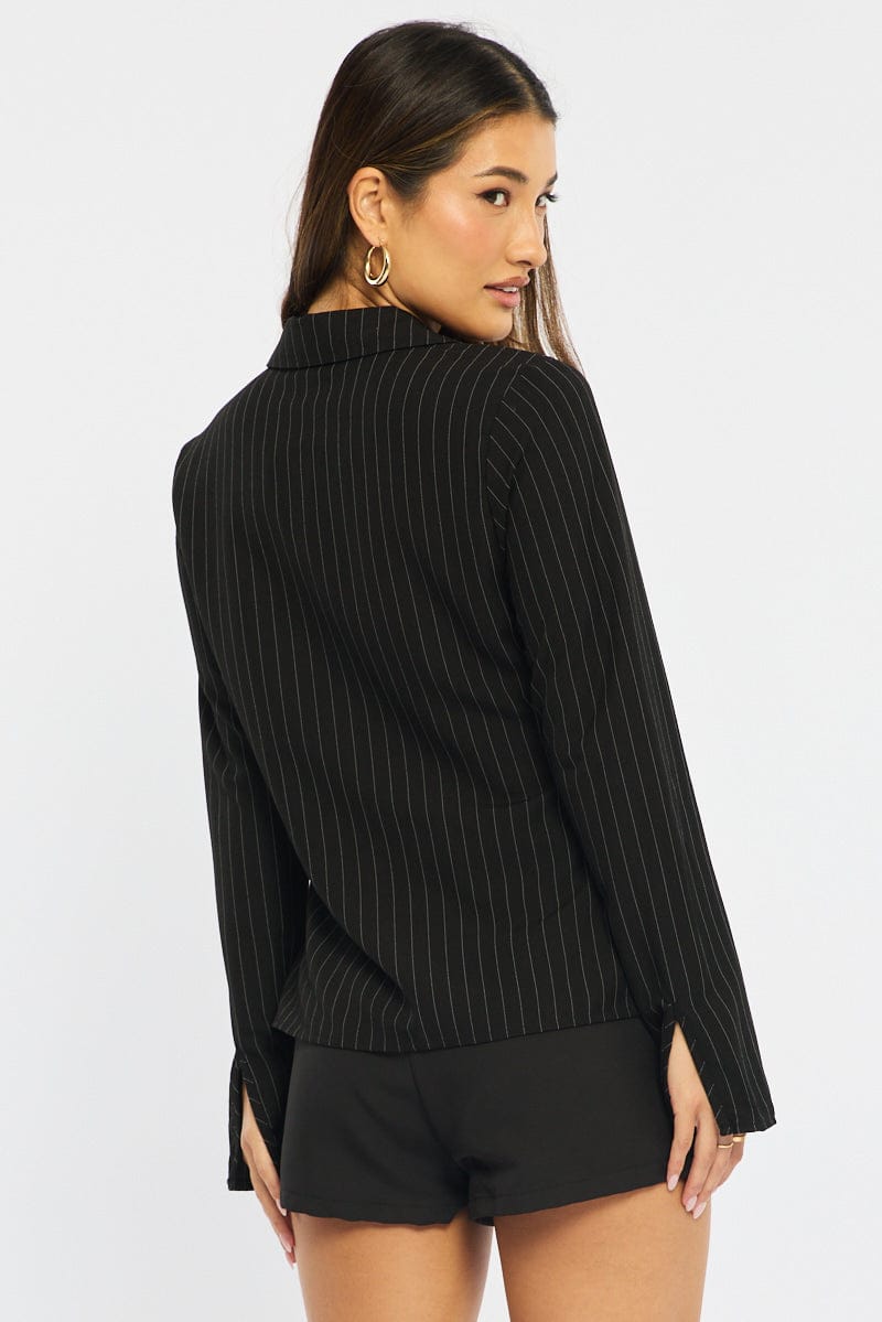 Black Stripe Shirt Long Sleeves Collared Button Up Pinstripe for Ally Fashion