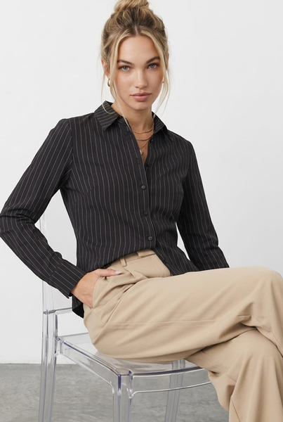 black dress shirt with white stripes Stripe Long Sleeves Collared Button Up Pinstripe VM: Georgia Louise Xirena Ciara Midi Dress Chest Girth Color:CAFE