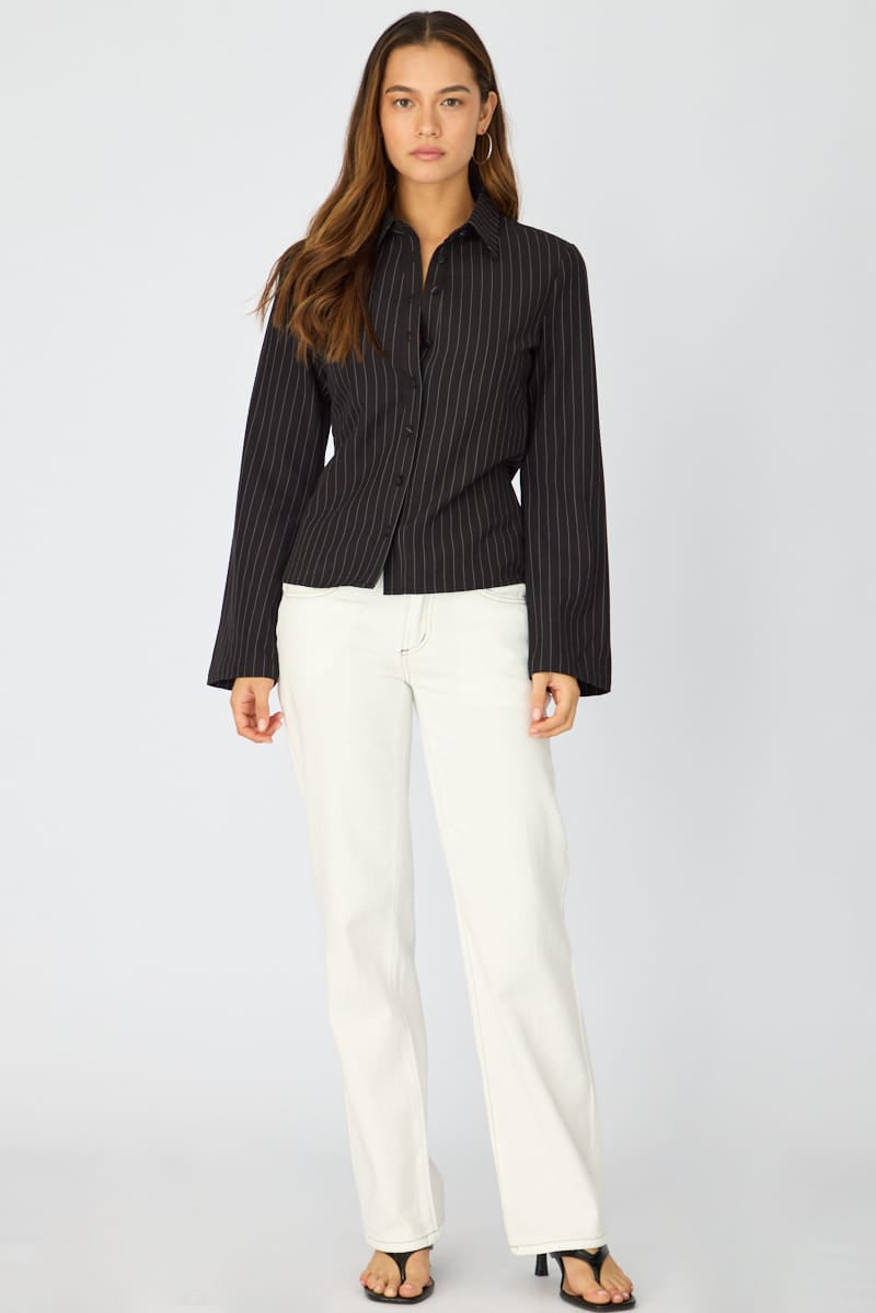 Black Stripe Shirt Long Sleeves Collared Button Up Pinstripe for Ally Fashion