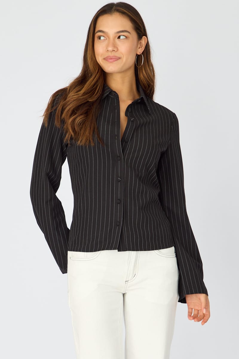 Black Stripe Shirt Long Sleeves Collared Button Up Pinstripe for Ally Fashion
