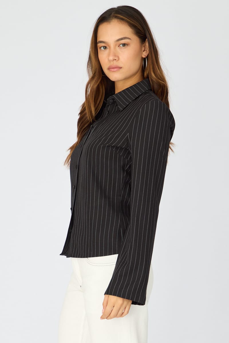 Black Stripe Shirt Long Sleeves Collared Button Up Pinstripe for Ally Fashion