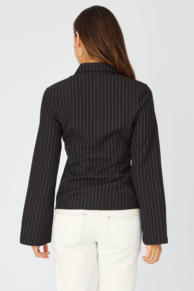 Black Stripe Shirt Long Sleeves Collared Button Up Pinstripe for Ally Fashion